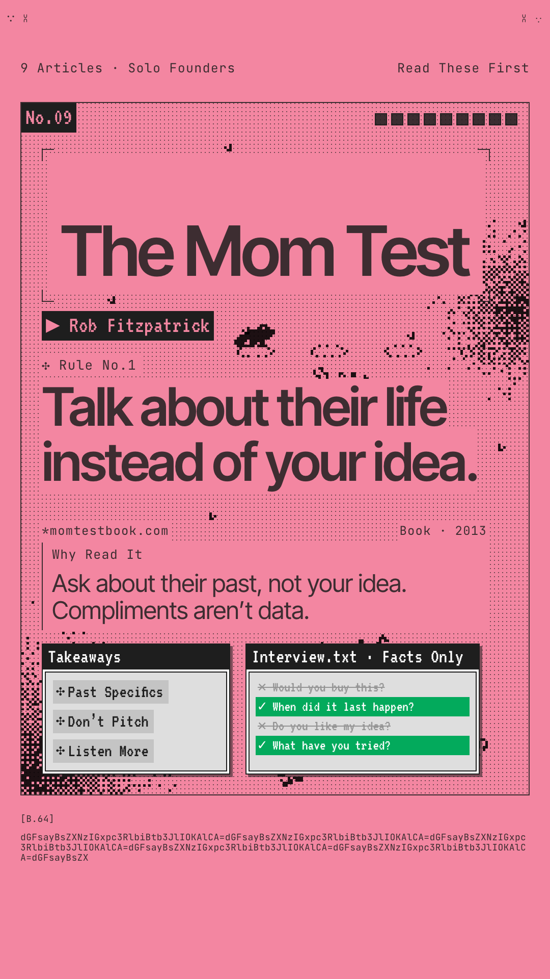 Reel card for No.09, The Mom Test by Rob Fitzpatrick.