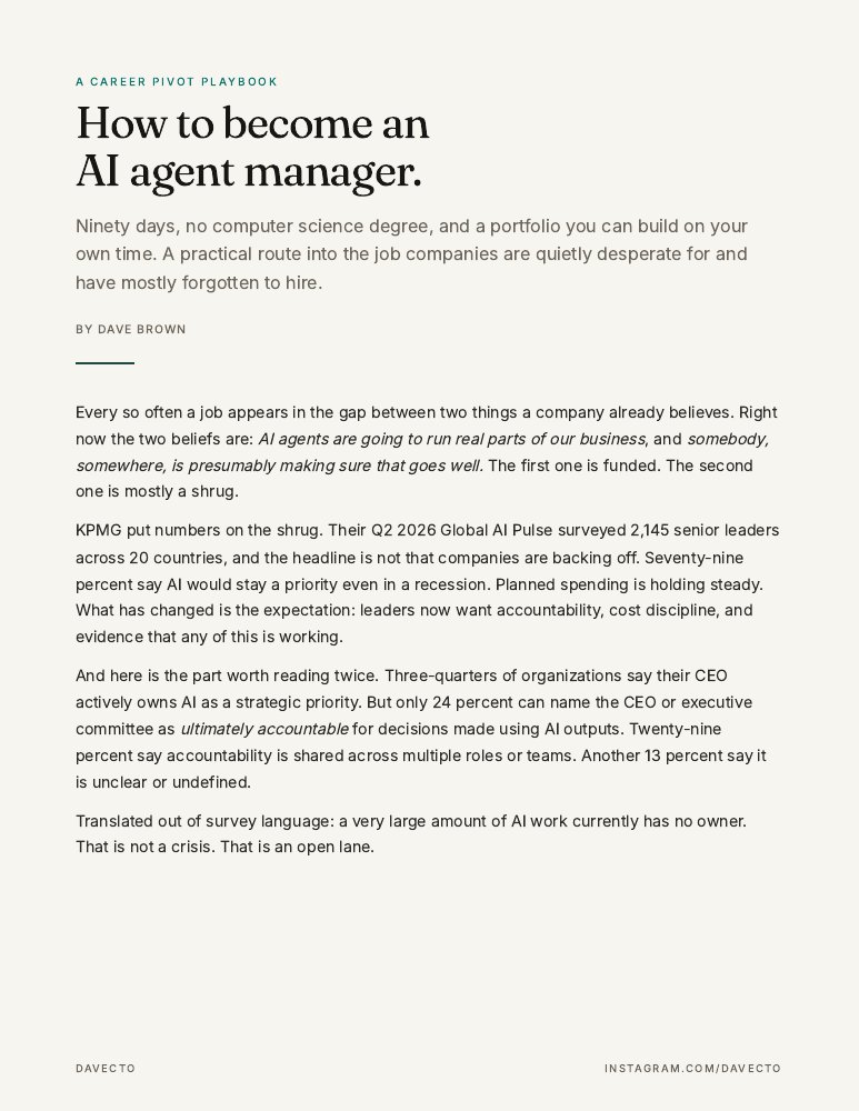 Cover page of The AI agent manager playbook, by Dave Brown.
