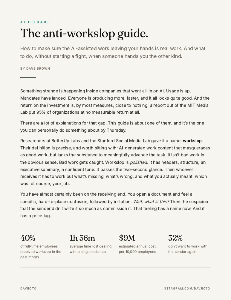 Cover page of The anti-workslop guide, by Dave Brown.