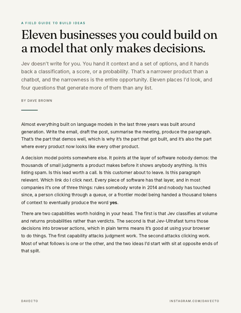 Cover page of Eleven businesses you could build on a decision model, by Dave Brown.