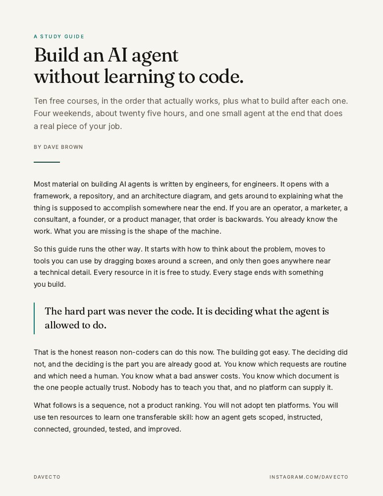 Cover page of The non-coder’s study guide to building AI agents, by Dave Brown.