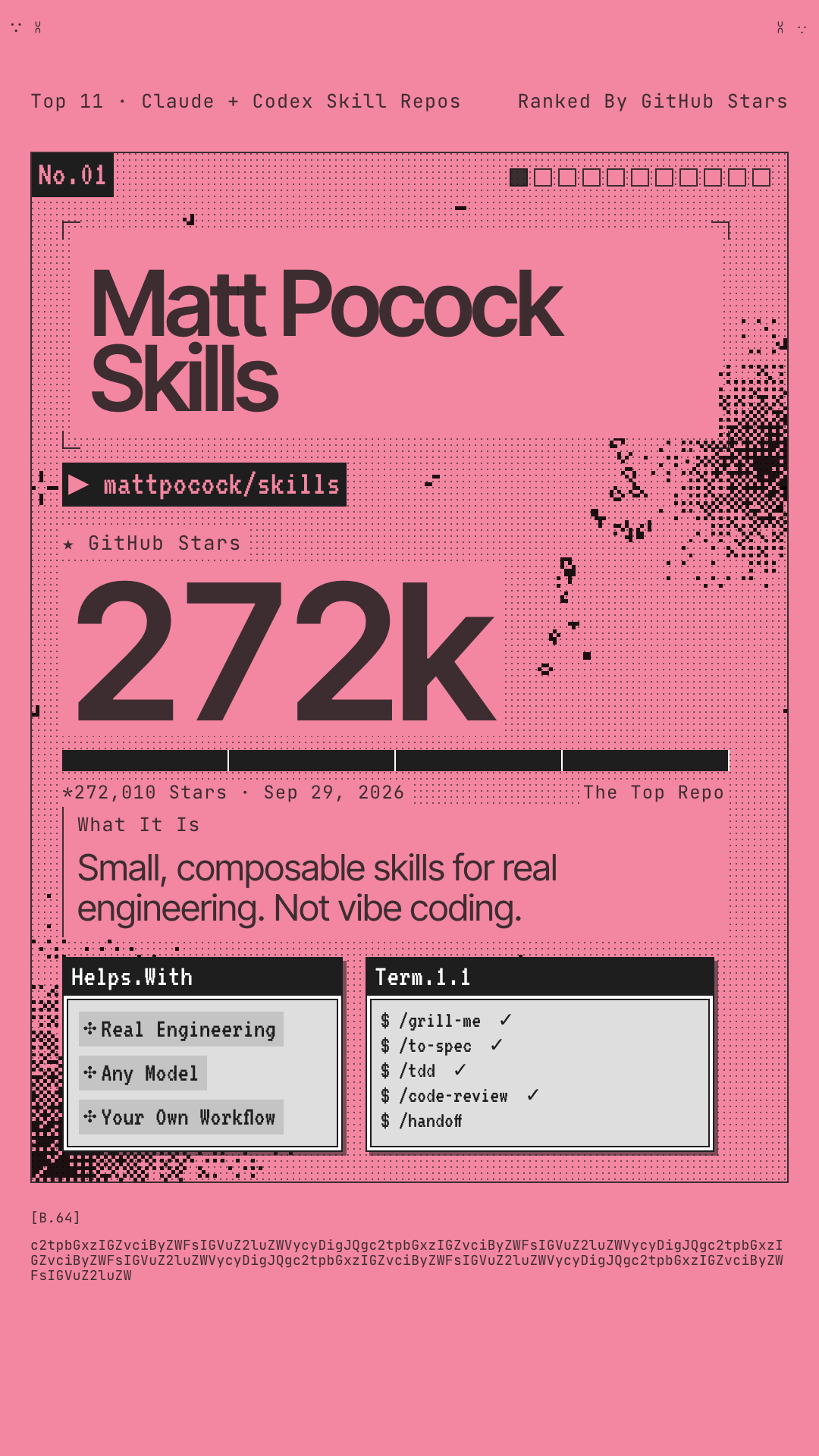 Reel card for No.01 Matt Pocock Skills: 272k GitHub stars, small composable skills for real engineering.