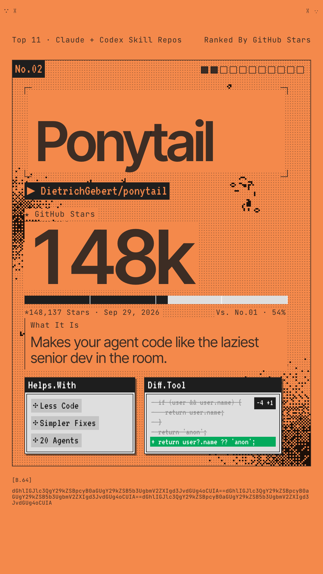 Reel card for No.02 Ponytail: 148k GitHub stars, makes your agent code like the laziest senior dev in the room.