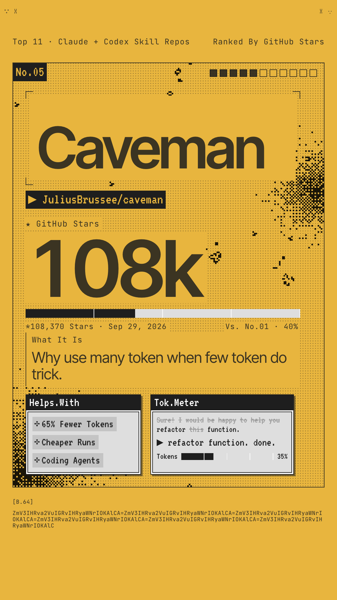 Reel card for No.05 Caveman: 108k GitHub stars, why use many token when few token do trick.