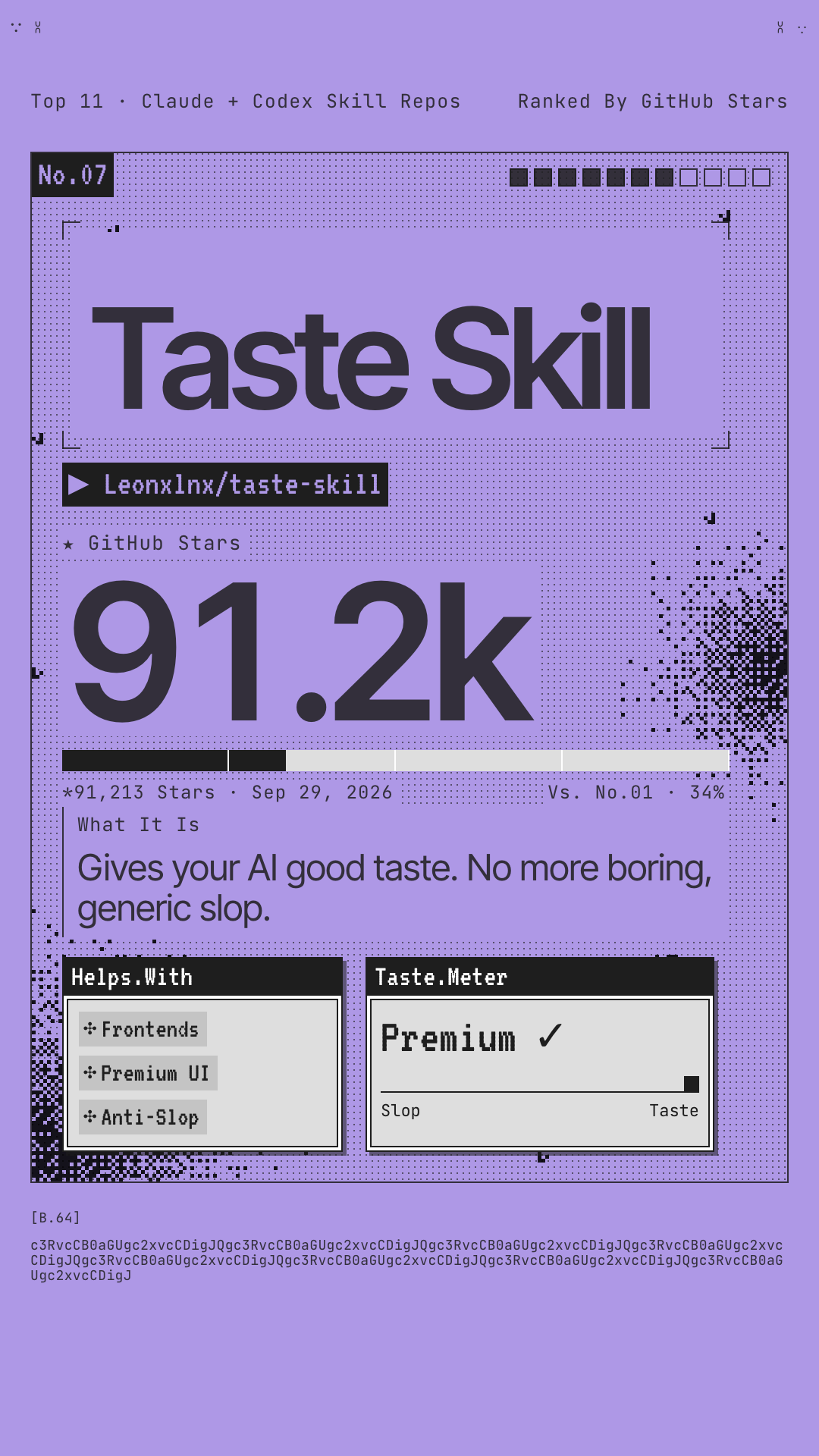Reel card for No.07 Taste Skill: 91.2k GitHub stars, gives your AI good taste.